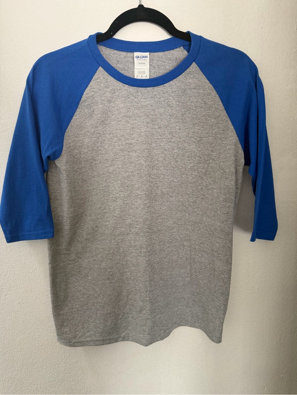Gildan Gray Heather Tee with Royal Blue Raglan Sleeves